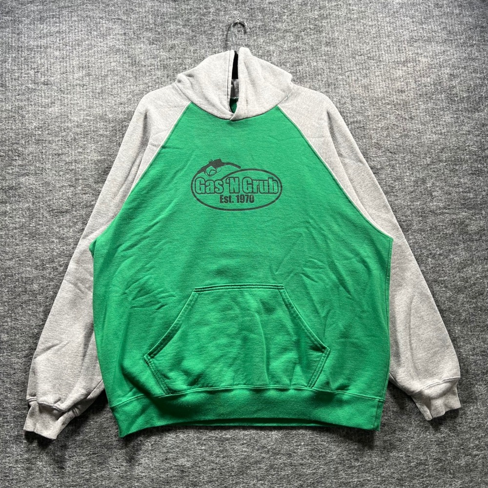 Holloway Gas N Grub Est 1970 Graphic Hoodie Mens XL Green Grey Raglan Pullover